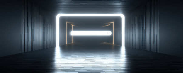Futuristic hallway with glowing light search bar surrounded by sleek walls and reflective flooring creating a modern atmosphere