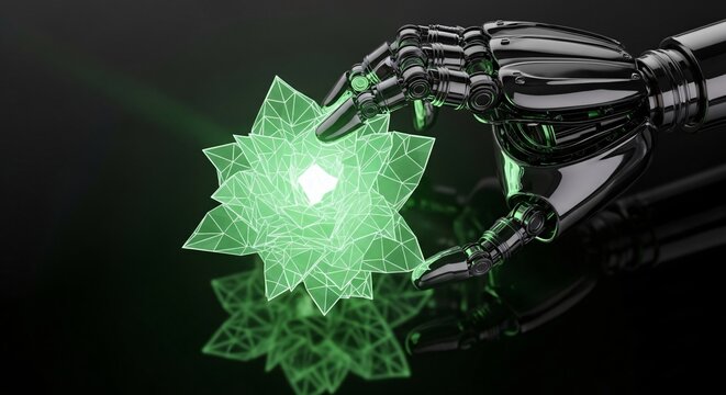 Futuristic Robotic Hand Holding Luminous Abstract Green Geometric Object Against Dark Background