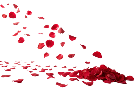 Red rose petals falling and scattered on a surface isolated on transparent background