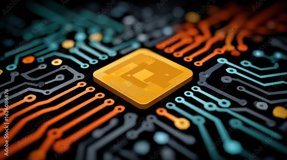 Poster close up view of a golden microchip on a circuit board with orange and teal connections