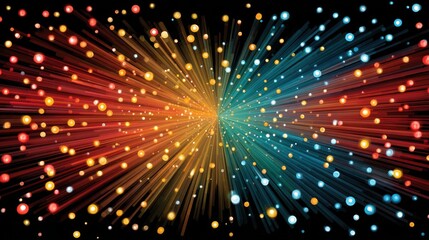 Naklejka premium Colorful abstract explosion of light rays and glowing spheres on black background