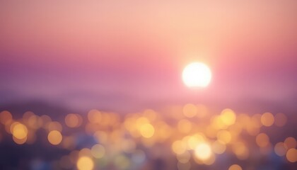 Abstract blurred cityscape at sunset with a sky painted in soft shades of pink, purple, and warm orange