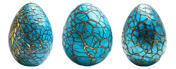 Elegant turquoise egg with intricate gold patterns isolated on white transparent background. Symbol of luxury, Easter, and artistic craftsmanship