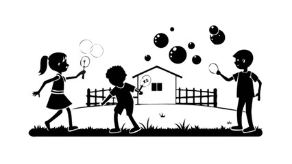 Children playing blowing bubbles outdoor silhouette vector illustration design for kids activity and fun time