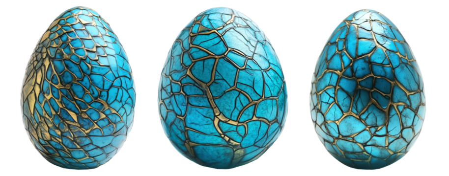 Elegant turquoise egg with intricate gold patterns isolated on white transparent background. Symbol of luxury, Easter, and artistic craftsmanship