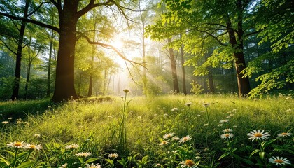 Fototapeta premium Lush green meadow with daisy flowers bathed in the warm glow of morning light filtering through the dense forest trees