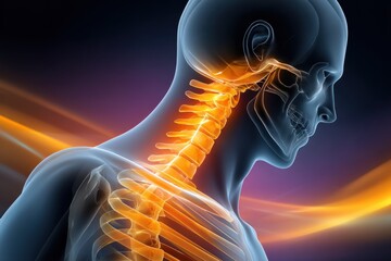 Close up X ray view of a human neck and spine highlighting the cervical vertebrae with orange glowing inflammation