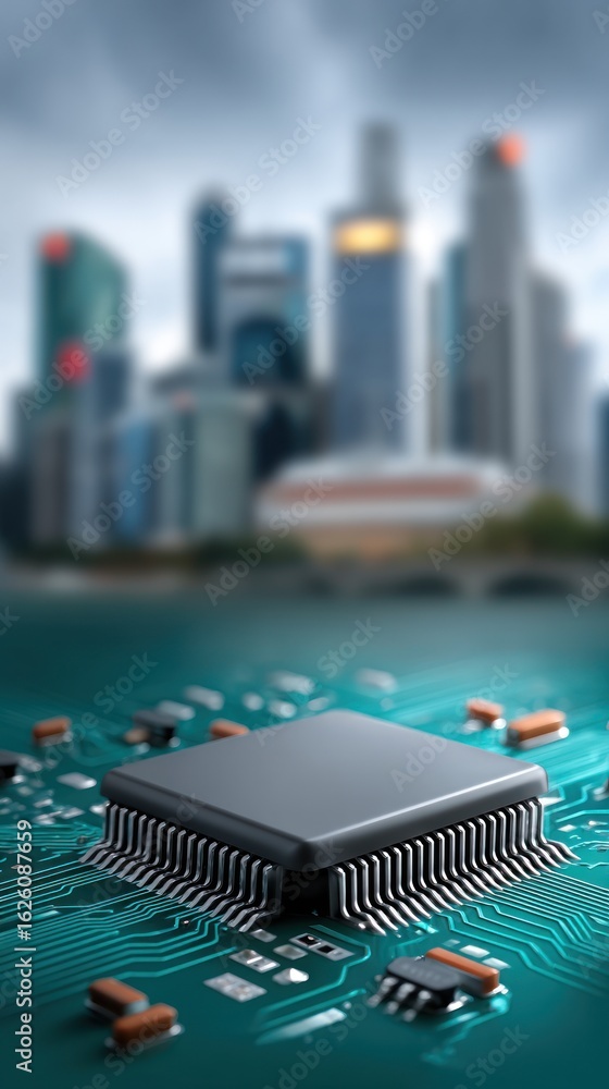 Poster close up view of a central processing unit chip on a circuit board with a blurred cityscape backgrou