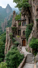 Naklejka premium Ancient cliffside village with stone houses and rope bridges on steep rock face