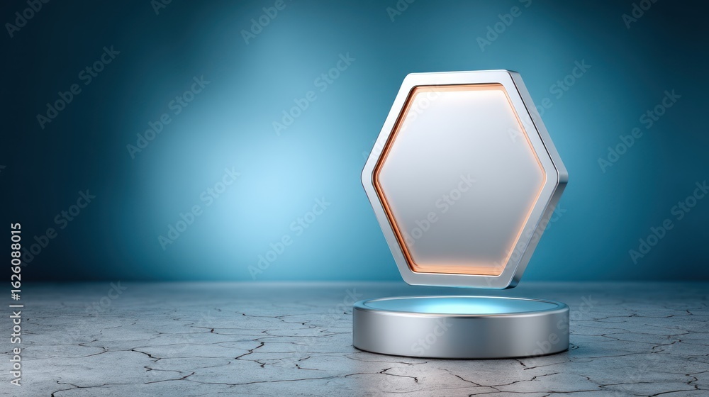 Poster silver hexagonal frame with glowing orange edge hovering over a circular platform on cracked concret