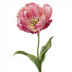 A beautiful, delicate pink parrot tulip with ruffled petals, captured in full bloom with its green stem and leaves, isolated on a clean white background.
