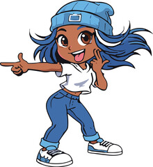 Cool cartoon girl in blue jeans, white t-shirt, stylish beanie hat, street style pose, confident expression, vibrant urban character illustration