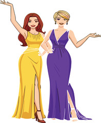 Elegant cartoon women in glamorous evening dresses, stylish female characters posing confidently, fashion illustration with vibrant color, modern beauty concept