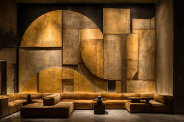 Modern living room with burnt orange velvet sofa and abstract wall art under side lighting