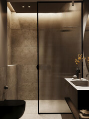Modern bathroom with concrete sink, fluted glass shower partition, and warm ambient lighting. © Alexuans