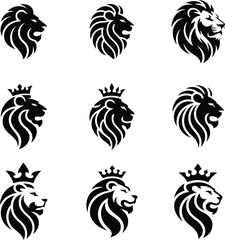 Fototapeta premium Collection of majestic lion head icons with elaborate manes and crowns in a distinctive silhouette style
