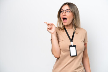 Young Rumanian woman with ID card isolated on white background intending to realizes the solution...
