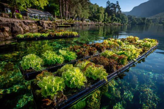 Floating island community farms seaweed on repurposed oil rigs for sustainable carbon capture - Powered by Adobe