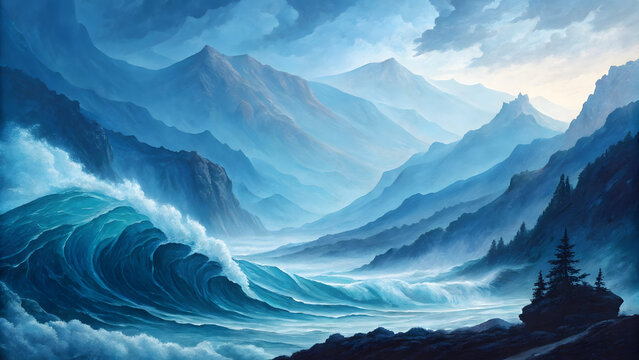 Sunrise bathes the snow-capped mountain landscape in a beautiful, misty glow, Surreal ocean waves crashing into dark mountains under stormy sky - Powered by Adobe