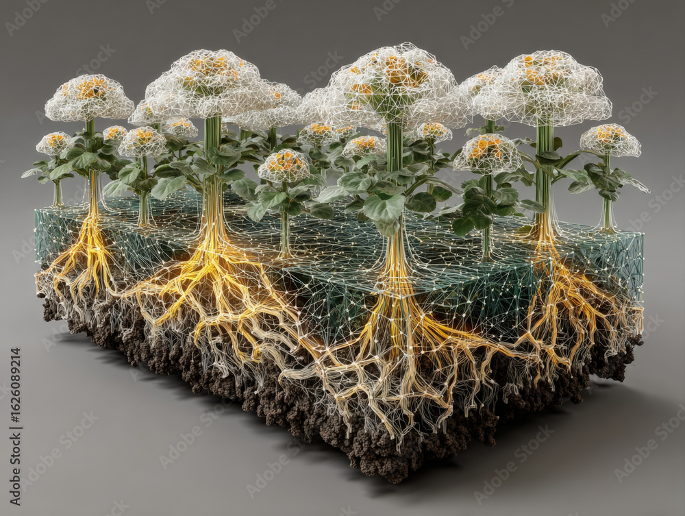Aufkleber surreal 3d neural network garden with ai models growing like plants absorbing data