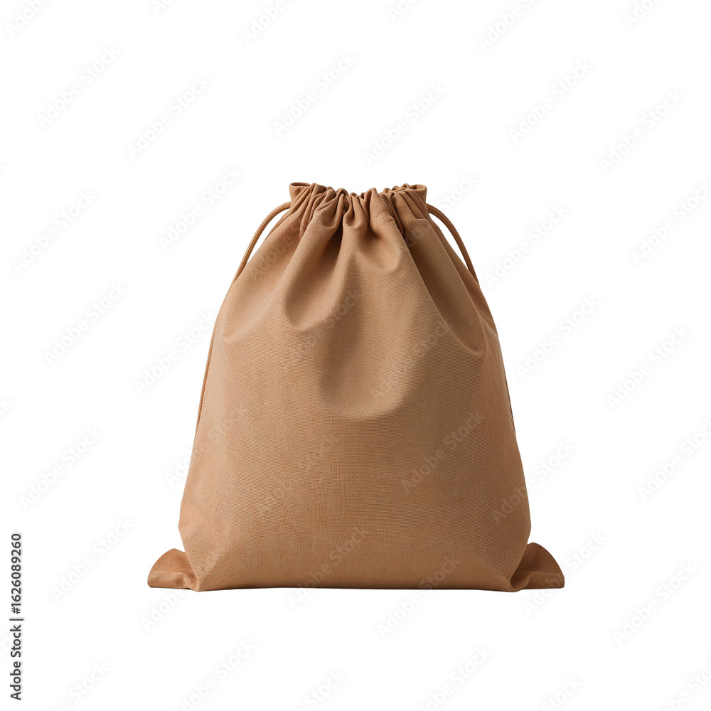 Poster minimalist brown drawstring sack floating in a void, evoking simplicity and organic texture, with