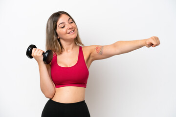 Young sport Rumanian woman making weightlifting isolated on white background giving a thumbs up...