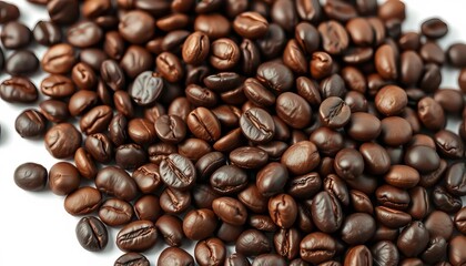 Fototapeta premium Close-up of dark roasted coffee beans, isolated on white, photography, studio