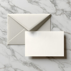blank mockup of a greeting card and envelope set on a marble background