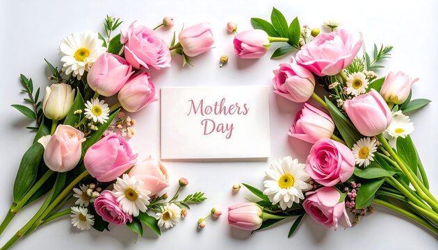 Pink roses, tulips, daisies arranged around a Mother's Day card on white background