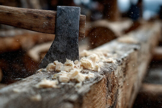 Craftsman hewing log with broad axe, wood chips flying from freshly squared timber