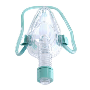 A modern, transparent CPAP or BIPAP mask, a medical device used for treating sleep apnea and providing respiratory support, isolated on a clean white background.
