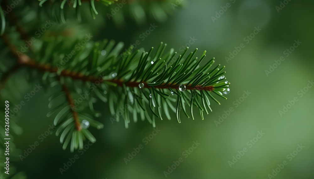 Poster evergreen sprig with water droplets sparkling like jewels in the soft forest light with a background