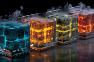 Liquid nitrogen mist swirls through colorful laser grids in a molecular cocktail lab