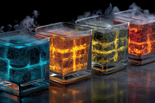 Liquid nitrogen mist swirls through colorful laser grids in a molecular cocktail lab