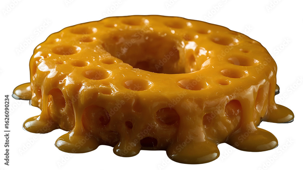 Poster abstract depiction of a porous amber structure with liquid streams and intricate perforations, set