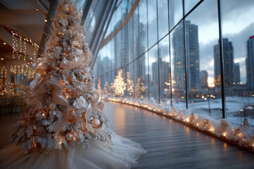 Fototapeta premium Elegant christmas tree with crystal ornaments and gold ribbons in luxury penthouse
