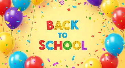 Back to school celebration with colorful balloons and confetti on a yellow background design element