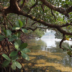 Naklejka premium Mangrove fruit, hanging on the water