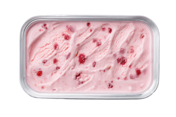 Pink raspberry ice cream in a clear plastic container
