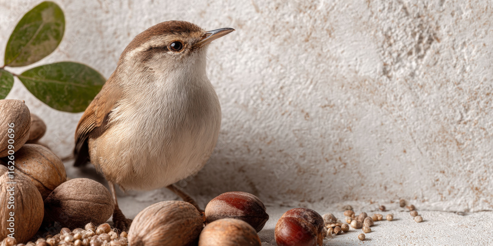 Poster Small bird near rustic seeds on white table with soft daylight and empty space