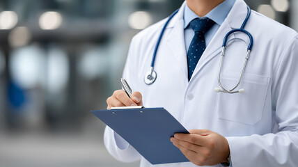 Close-up torso view of doctor with stethoscope reviewing clipboard documents including health care forms and medical notes in softly blurred hospital setting, representing patient care and treatment

