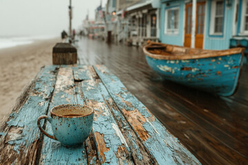Obraz premium Weathered beach boardwalk with empty benches and lone coffee cup in winter