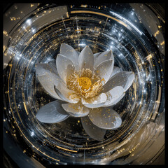 A pristine white lotus flower blooming amidst a swirling vortex of sparkling cosmic light, a beautiful and powerful symbol of purity, creation, and spiritual energy.
