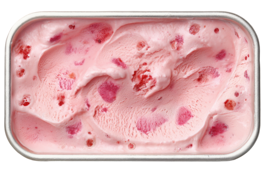 Pink ice cream in a metal container.  Top view, showing swirls and bits of fruit