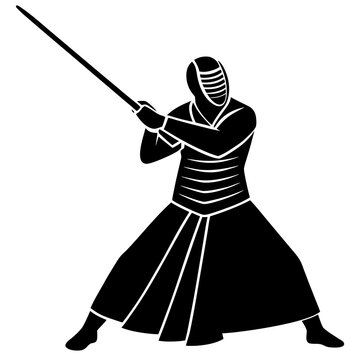 recommend clip art: Kendo fighter black silhouette striking pose martial arts