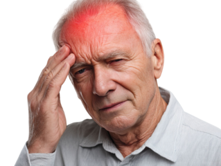 PNG of Concerned elderly man with gray hair, holding his head in pain, expressing discomfort and worry.