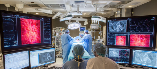 Surgical team performs a procedure in high-tech operating room, with a surgeon monitoring patient vitals and diagnostic images on multiple screens, showcasing medical technology and modern healthcare