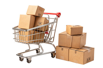 Shopping cart filled with cardboard boxes and a stack of packages isolated on transparent background