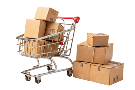 Shopping cart filled with cardboard boxes and a stack of packages isolated on transparent background