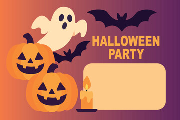 Halloween Party Invitation Design with Ghost, Pumpkins, and Bats for Festive Celebrations